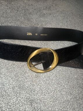 Zara Black Leather Belt with Brushed Gold Oval Buckle